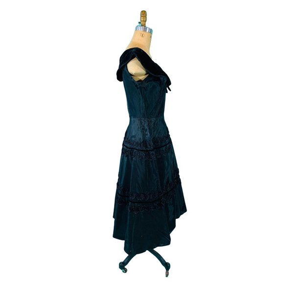 Vintage 40s Evening Gown Womens Small Black Tiered Party Dress Velvet Collar Spo - Picture 8 of 10
